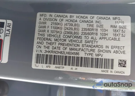 2020 Honda Cr-V Awd Ex-L из США, поврежденный, VIN 2HKRW2H82LH604586